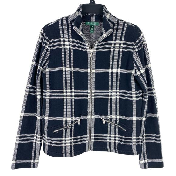 Lauren Ralph Lauren Sweater Jacket Black Plaid Preppy Academia Medium - Picture 1 of 7